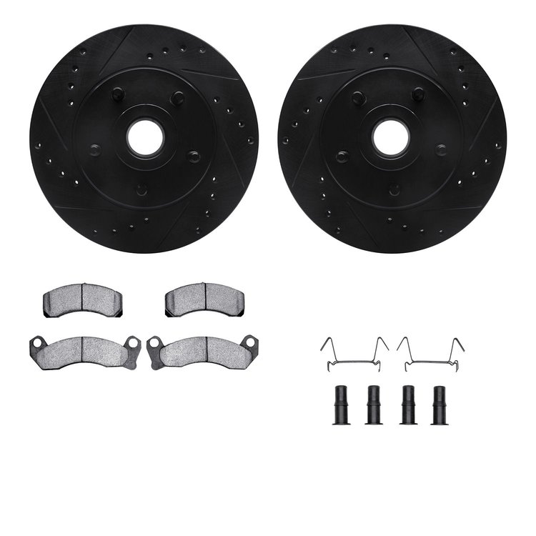 8512-56036 Drilled/Slotted Brake Rotors w/5000 Advanced Brake Pads Kit & Hardware [Black], 1979-1991 Ford/Lincoln/Mercury/Mazda,