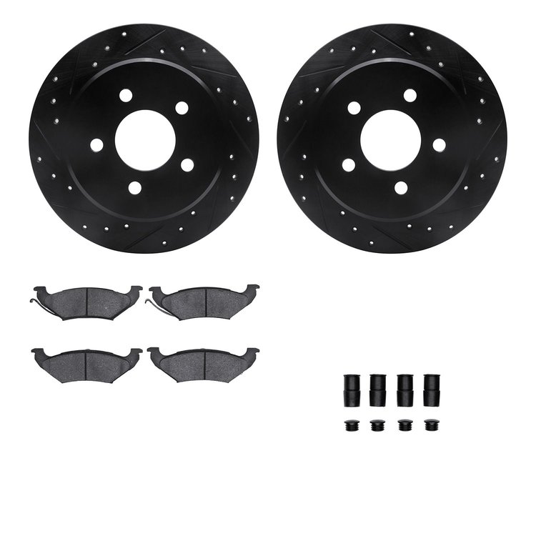 8512-56046 Drilled/Slotted Brake Rotors w/5000 Advanced Brake Pads Kit & Hardware [Black], 1992-1995 Ford/Lincoln/Mercury/Mazda,