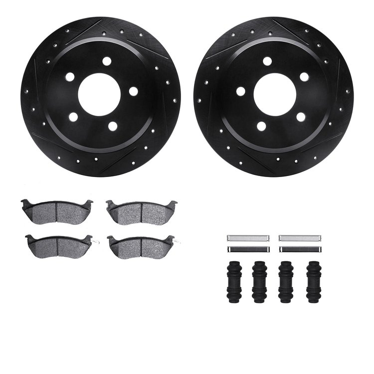8512-56076 Drilled/Slotted Brake Rotors w/5000 Advanced Brake Pads Kit & Hardware [Black], 1996-2002 Ford/Lincoln/Mercury/Mazda,