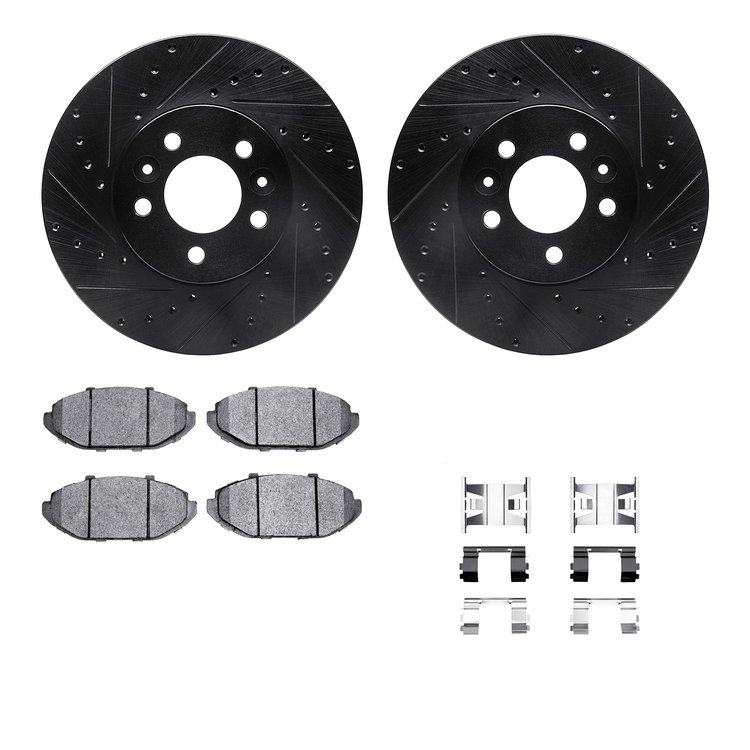 8512-56085 Drilled/Slotted Brake Rotors w/5000 Advanced Brake Pads Kit & Hardware [Black], 1998-2002 Ford/Lincoln/Mercury/Mazda,