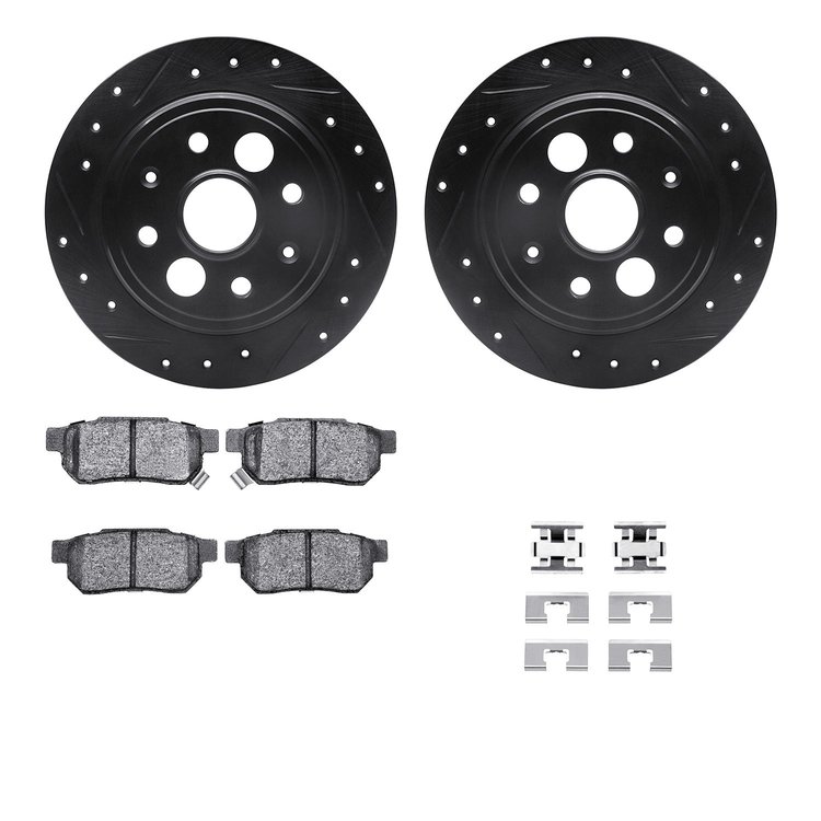 8512-58000 Drilled/Slotted Brake Rotors w/5000 Advanced Brake Pads Kit & Hardware [Black], 1986-1989 Acura/Honda, Position: Rear