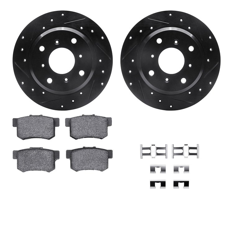 8512-58002 Drilled/Slotted Brake Rotors w/5000 Advanced Brake Pads Kit & Hardware [Black], 1987-1990 Acura/Honda, Position: Rear