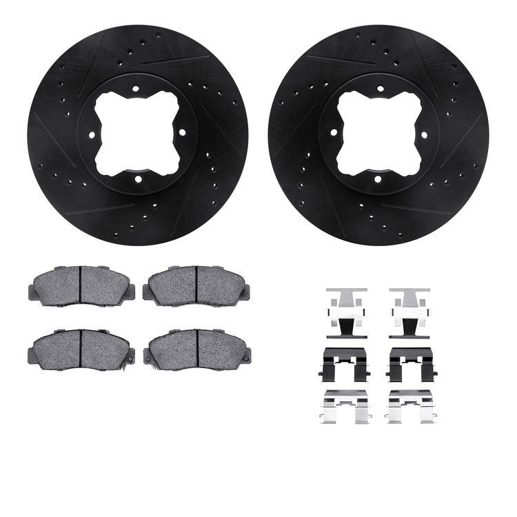 8512-58005 Drilled/Slotted Brake Rotors w/5000 Advanced Brake Pads Kit & Hardware [Black], 1992-1998 Acura/Honda, Position: Fron