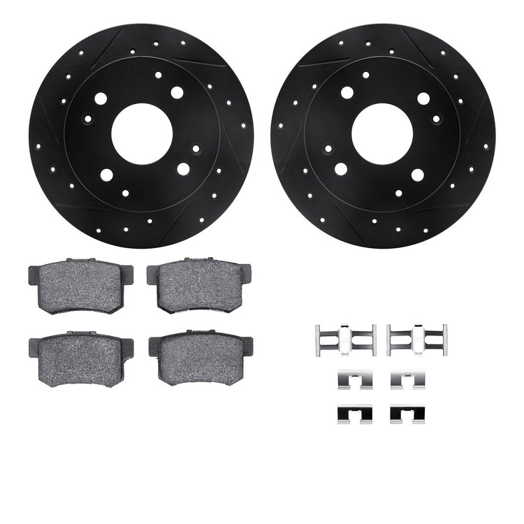 8512-58008 Drilled/Slotted Brake Rotors w/5000 Advanced Brake Pads Kit & Hardware [Black], 1995-1998 Acura/Honda, Position: Rear
