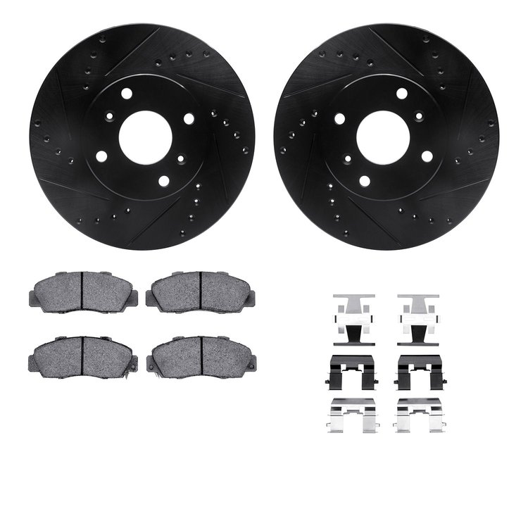 8512-58009 Drilled/Slotted Brake Rotors w/5000 Advanced Brake Pads Kit & Hardware [Black], 1998-1999 Acura/Honda, Position: Fron