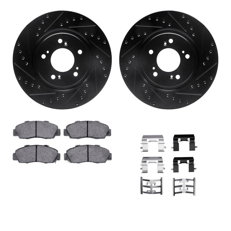 8512-58010 Drilled/Slotted Brake Rotors w/5000 Advanced Brake Pads Kit & Hardware [Black], 1997-2005 Acura/Honda, Position: Fron