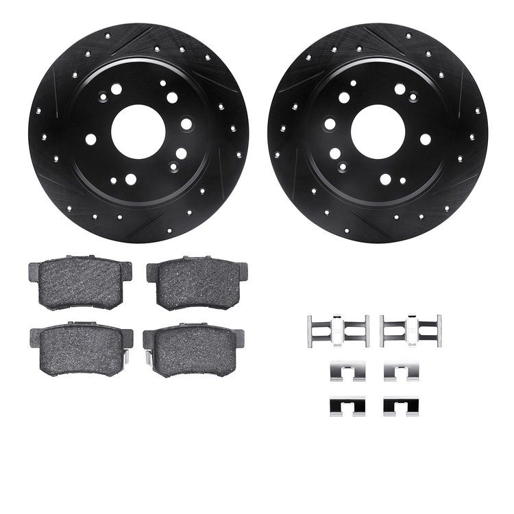 8512-58013 Drilled/Slotted Brake Rotors w/5000 Advanced Brake Pads Kit & Hardware [Black], 1999-2003 Acura/Honda, Position: Rear