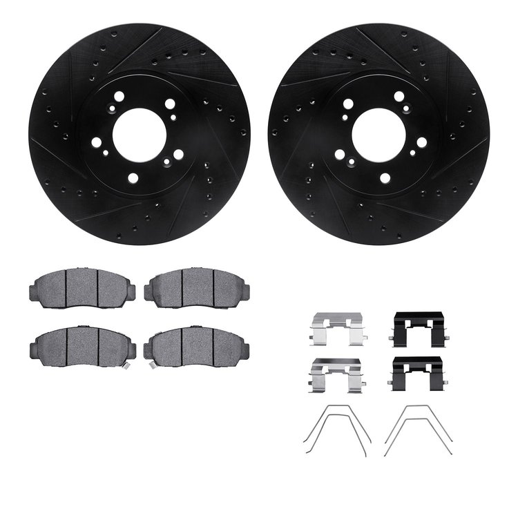 8512-58015 Drilled/Slotted Brake Rotors w/5000 Advanced Brake Pads Kit & Hardware [Black], 1999-2004 Acura/Honda, Position: Fron