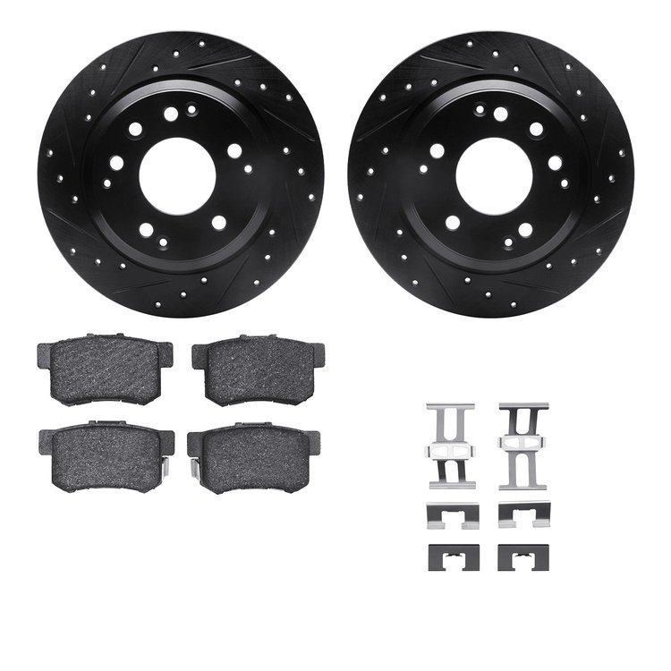 8512-58017 Drilled/Slotted Brake Rotors w/5000 Advanced Brake Pads Kit & Hardware [Black], 1999-2001 Acura/Honda, Position: Rear