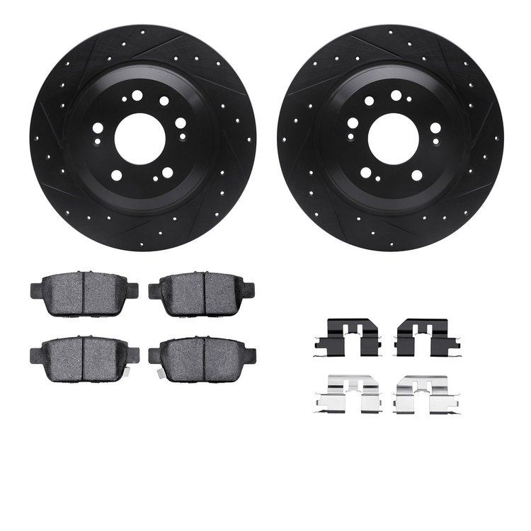 8512-58029 Drilled/Slotted Brake Rotors w/5000 Advanced Brake Pads Kit & Hardware [Black], 2009-2014 Acura/Honda, Position: Rear