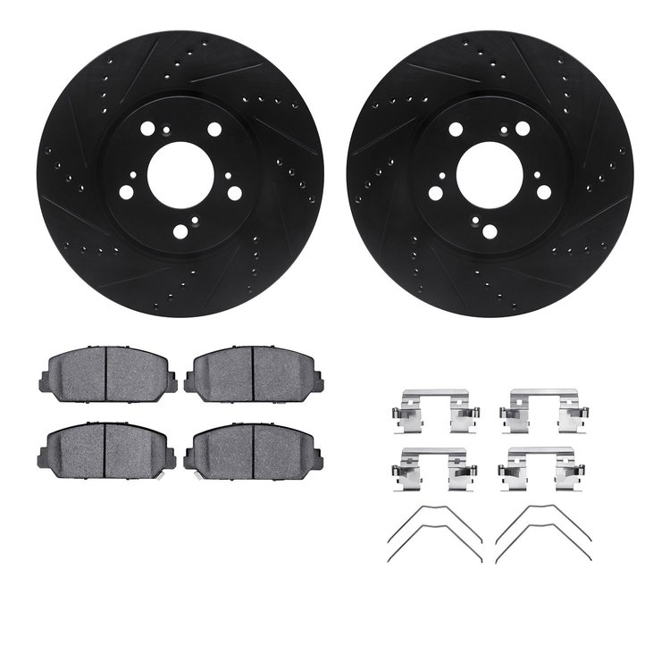 8512-58031 Drilled/Slotted Brake Rotors w/5000 Advanced Brake Pads Kit & Hardware [Black], 2014-2020 Acura/Honda, Position: Fron