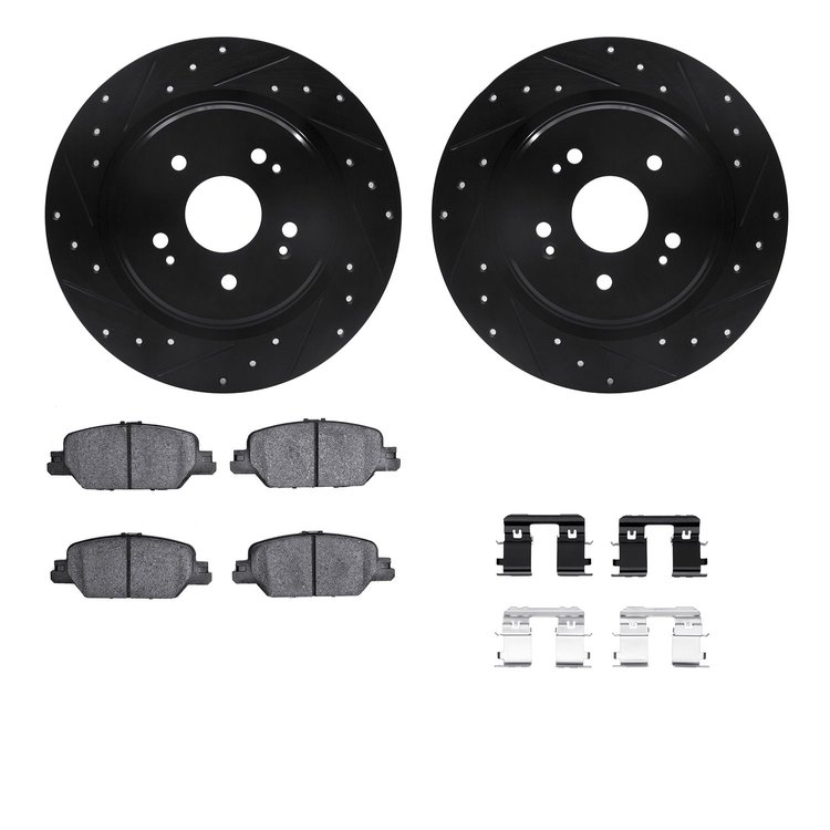 8512-58034 Drilled/Slotted Brake Rotors w/5000 Advanced Brake Pads Kit & Hardware [Black], Fits Select Acura/Honda, Position: Re