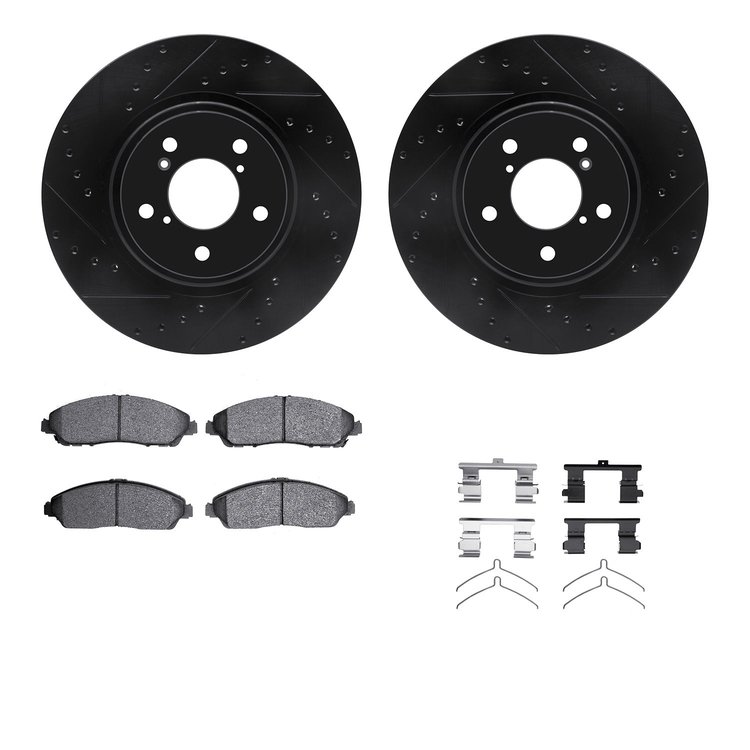 8512-58041 Drilled/Slotted Brake Rotors w/5000 Advanced Brake Pads Kit & Hardware [Black], 2017-2020 Acura/Honda, Position: Fron
