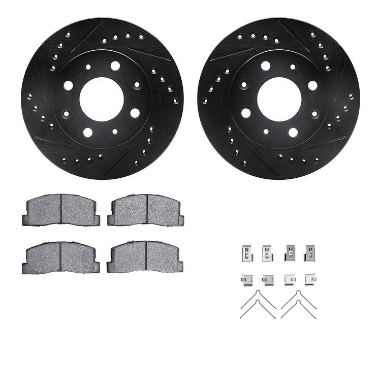 8512-59001 Drilled/Slotted Brake Rotors w/5000 Advanced Brake Pads Kit & Hardware [Black], 1982-1983 Acura/Honda, Position: Fron