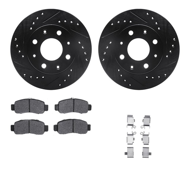 8512-59002 Drilled/Slotted Brake Rotors w/5000 Advanced Brake Pads Kit & Hardware [Black], 2000-2006 Acura/Honda, Position: Fron