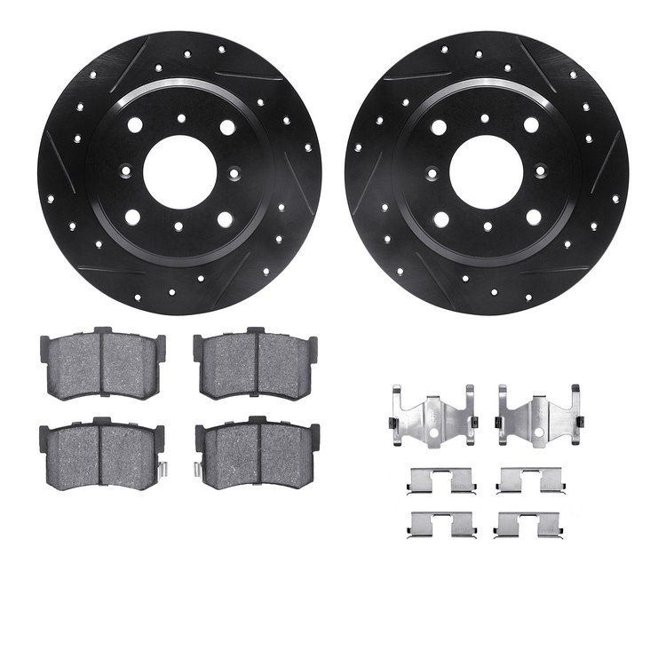 8512-59006 Drilled/Slotted Brake Rotors w/5000 Advanced Brake Pads Kit & Hardware [Black], 1986-1988 Acura/Honda, Position: Rear