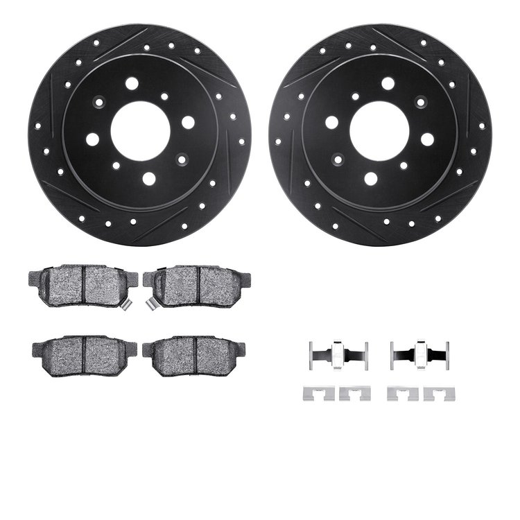 8512-59009 Drilled/Slotted Brake Rotors w/5000 Advanced Brake Pads Kit & Hardware [Black], 1988-2001 Acura/Honda, Position: Rear