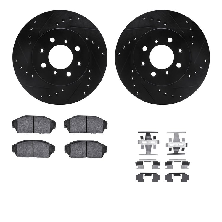 8512-59010 Drilled/Slotted Brake Rotors w/5000 Advanced Brake Pads Kit & Hardware [Black], 1988-1991 Acura/Honda, Position: Fron