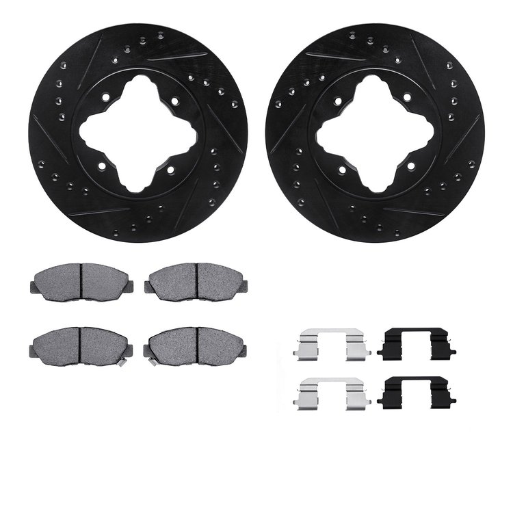 8512-59018 Drilled/Slotted Brake Rotors w/5000 Advanced Brake Pads Kit & Hardware [Black], 1990-1997 Acura/Honda, Position: Fron