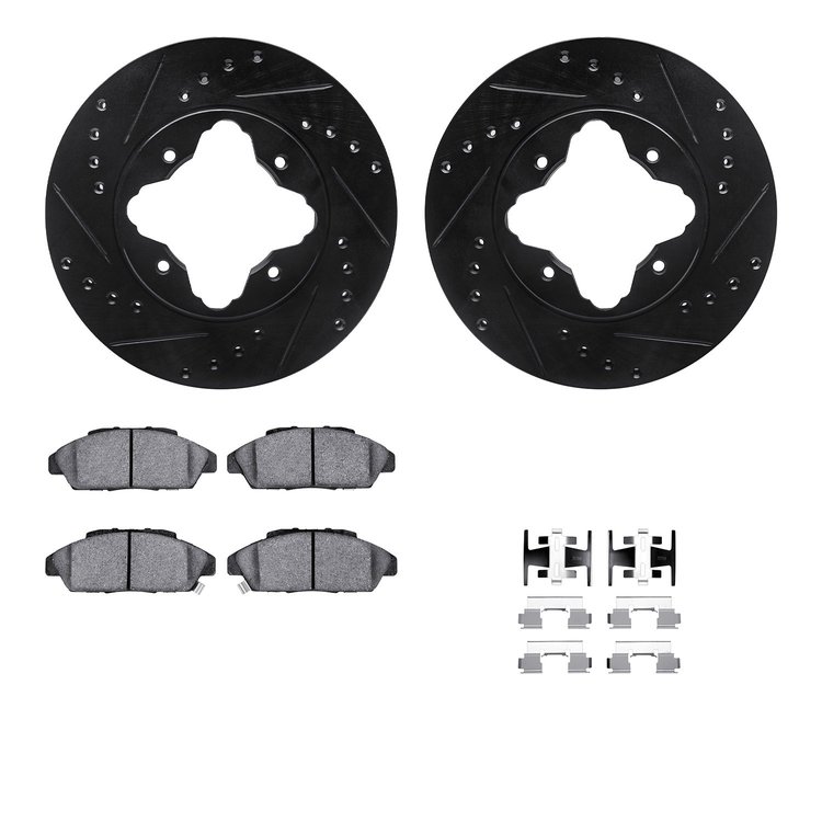 8512-59019 Drilled/Slotted Brake Rotors w/5000 Advanced Brake Pads Kit & Hardware [Black], 1990-1993 Acura/Honda, Position: Fron