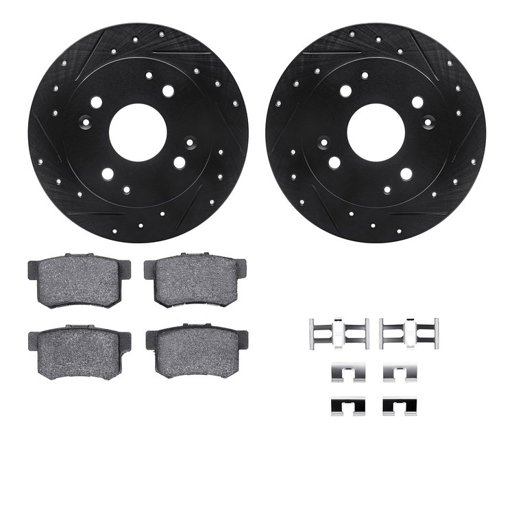 8512-59021 Drilled/Slotted Brake Rotors w/5000 Advanced Brake Pads Kit & Hardware [Black], 1992-1997 Acura/Honda, Position: Rear