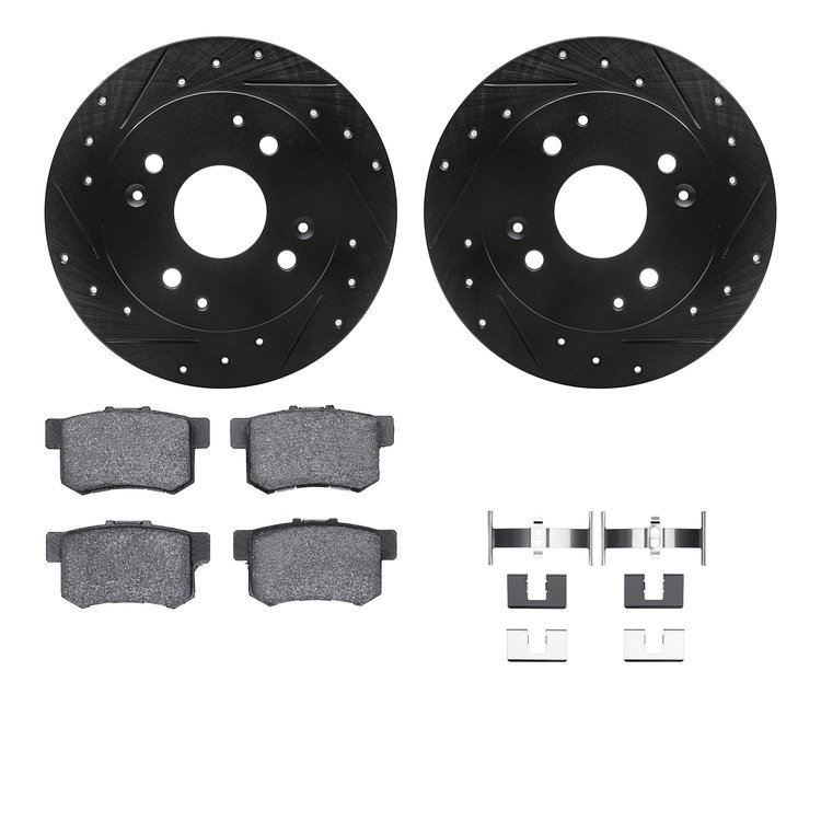 8512-59022 Drilled/Slotted Brake Rotors w/5000 Advanced Brake Pads Kit & Hardware [Black], 1997-1997 Acura/Honda, Position: Rear