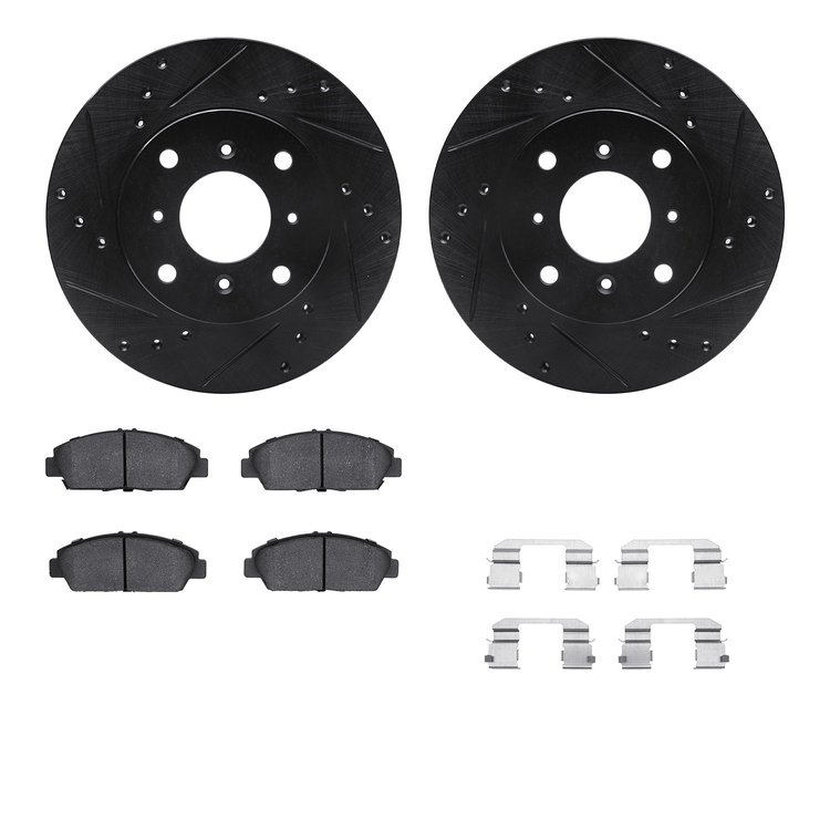 8512-59024 Drilled/Slotted Brake Rotors w/5000 Advanced Brake Pads Kit & Hardware [Black], 1992-1996 Acura/Honda, Position: Fron