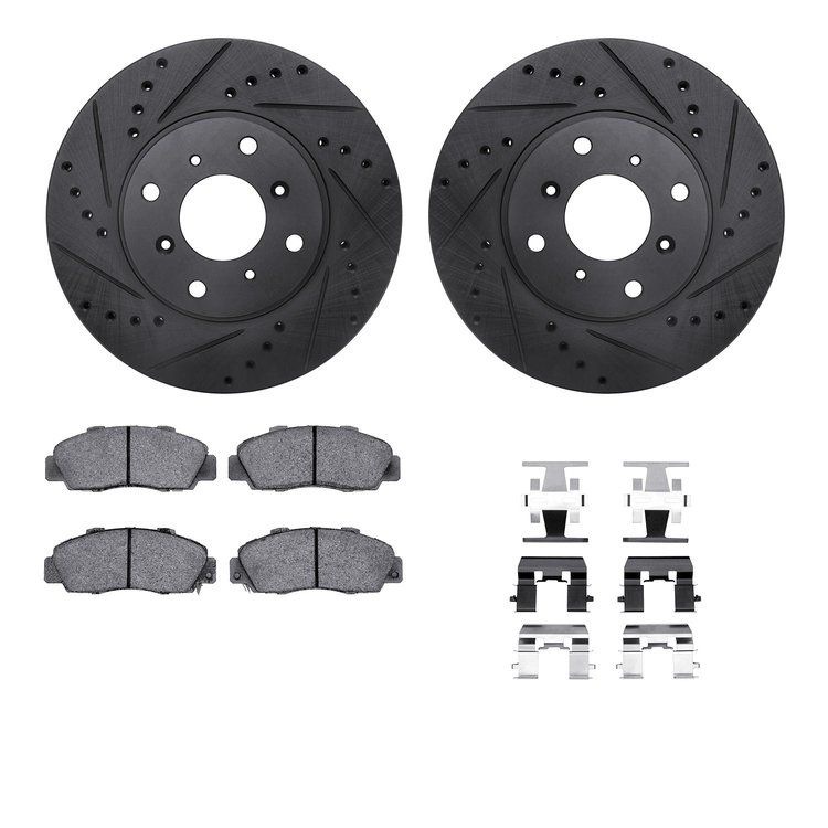 8512-59025 Drilled/Slotted Brake Rotors w/5000 Advanced Brake Pads Kit & Hardware [Black], 1992-1996 Acura/Honda, Position: Fron