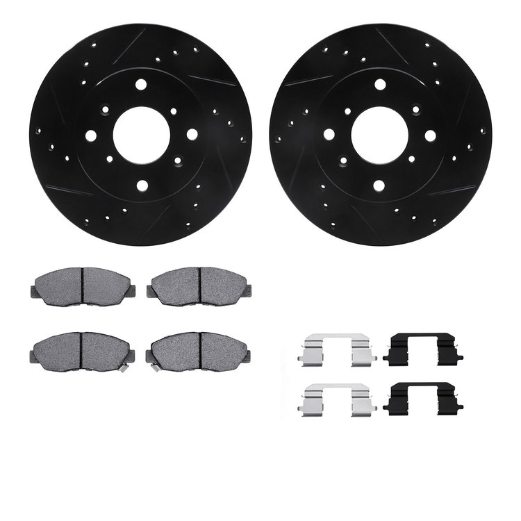 8512-59026 Drilled/Slotted Brake Rotors w/5000 Advanced Brake Pads Kit & Hardware [Black], 1998-1999 Acura/Honda, Position: Fron