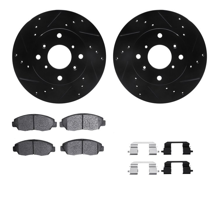 8512-59027 Drilled/Slotted Brake Rotors w/5000 Advanced Brake Pads Kit & Hardware [Black], 1998-2002 Acura/Honda, Position: Fron