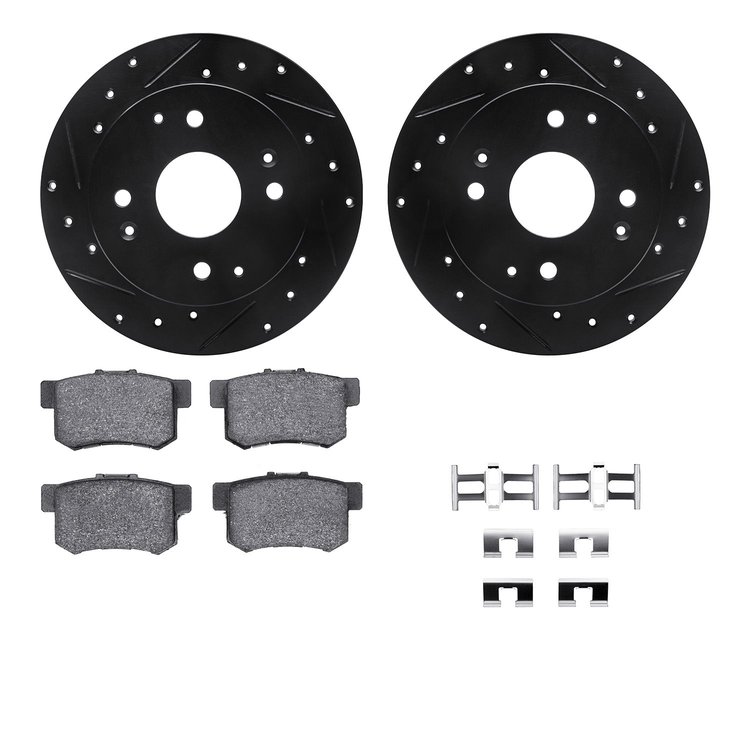 8512-59029 Drilled/Slotted Brake Rotors w/5000 Advanced Brake Pads Kit & Hardware [Black], 1998-2002 Acura/Honda, Position: Rear