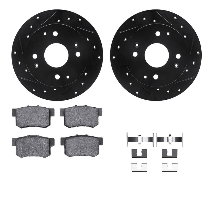 8512-59030 Drilled/Slotted Brake Rotors w/5000 Advanced Brake Pads Kit & Hardware [Black], 1998-1999 Acura/Honda, Position: Rear