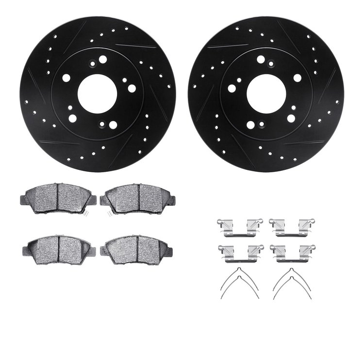 8512-59038 Drilled/Slotted Brake Rotors w/5000 Advanced Brake Pads Kit & Hardware [Black], 2011-2015 Acura/Honda, Position: Fron