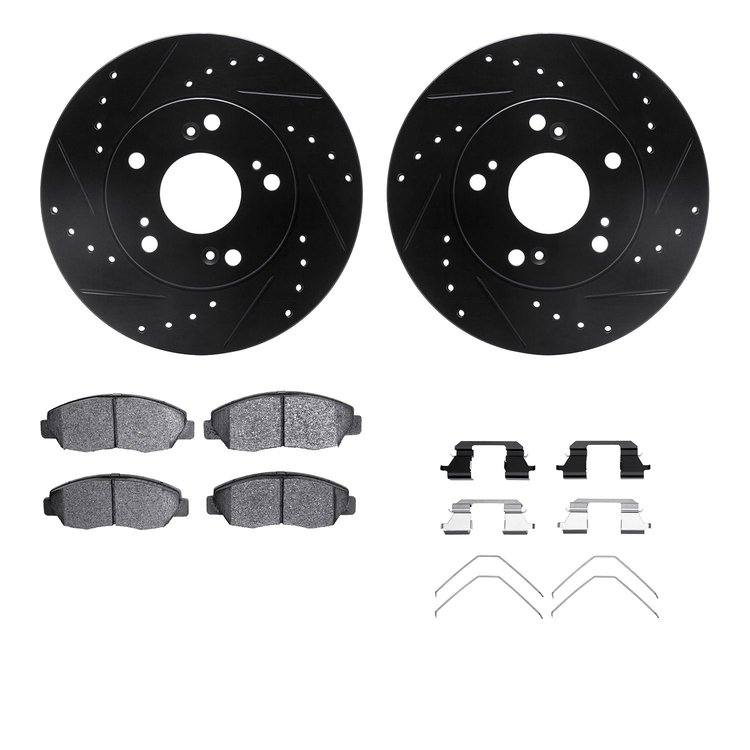 8512-59039 Drilled/Slotted Brake Rotors w/5000 Advanced Brake Pads Kit & Hardware [Black], 2006-2011 Acura/Honda, Position: Fron