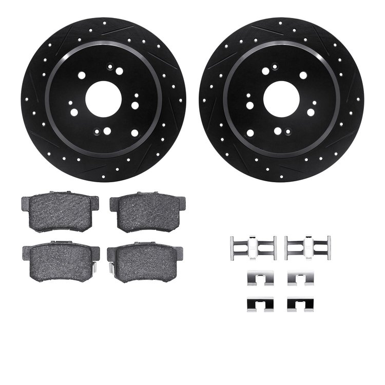 8512-59041 Drilled/Slotted Brake Rotors w/5000 Advanced Brake Pads Kit & Hardware [Black], 2007-2012 Acura/Honda, Position: Rear