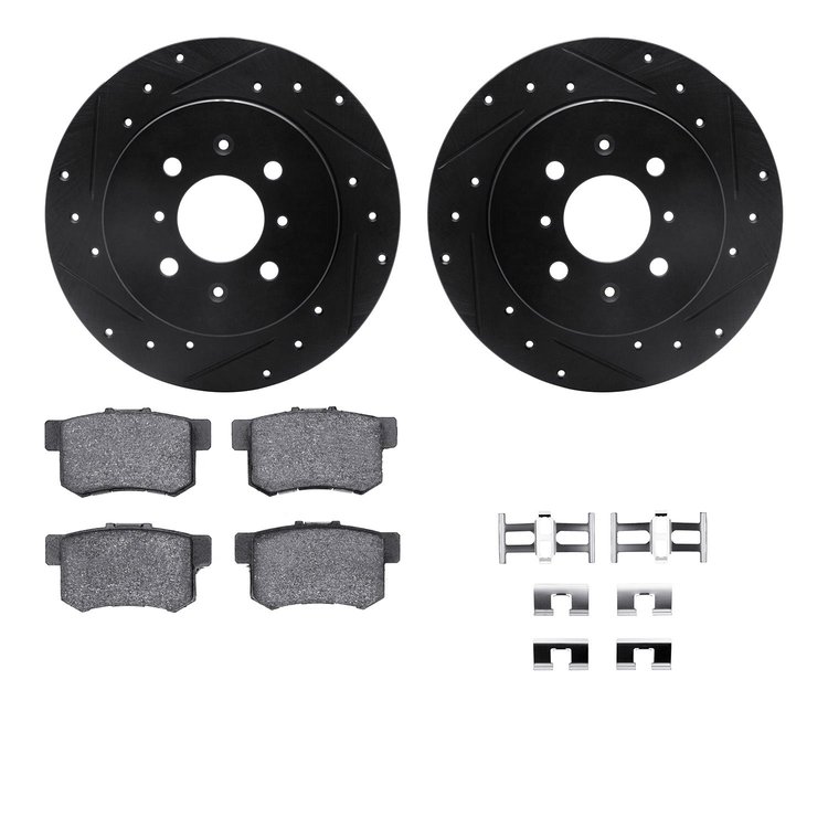 8512-59042 Drilled/Slotted Brake Rotors w/5000 Advanced Brake Pads Kit & Hardware [Black], 2001-2005 Acura/Honda, Position: Rear