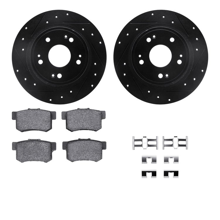 8512-59043 Drilled/Slotted Brake Rotors w/5000 Advanced Brake Pads Kit & Hardware [Black], Fits Select Acura/Honda, Position: Re