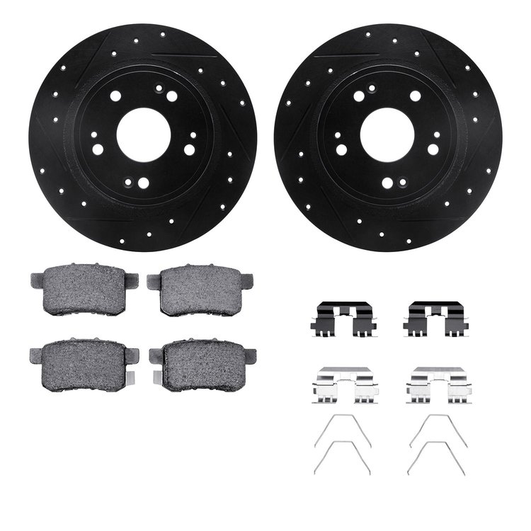 8512-59044 Drilled/Slotted Brake Rotors w/5000 Advanced Brake Pads Kit & Hardware [Black], 2008-2017 Acura/Honda, Position: Rear