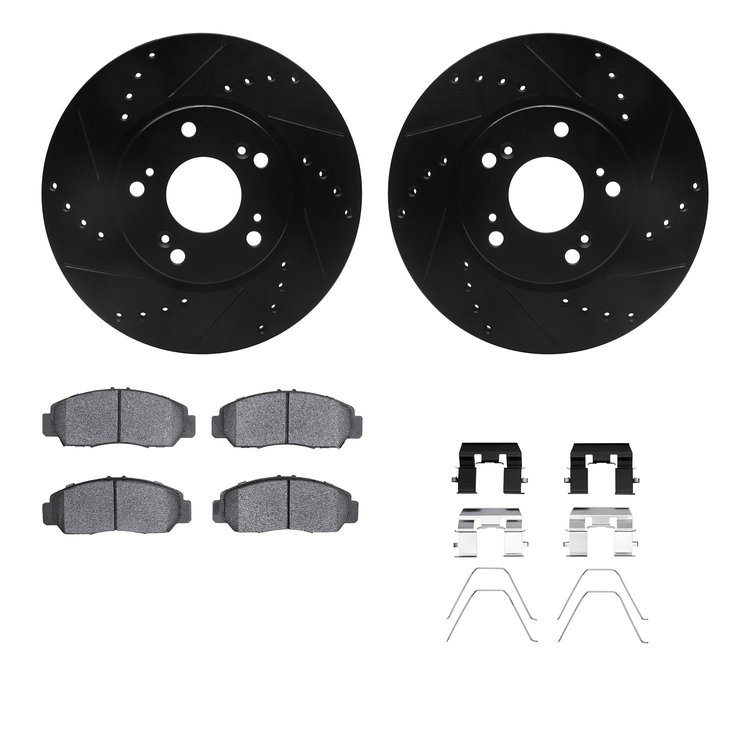 8512-59048 Drilled/Slotted Brake Rotors w/5000 Advanced Brake Pads Kit & Hardware [Black], 2013-2015 Acura/Honda, Position: Fron