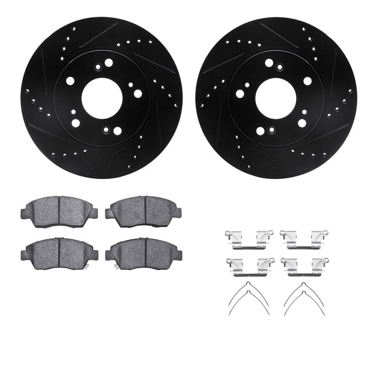 8512-59050 Drilled/Slotted Brake Rotors w/5000 Advanced Brake Pads Kit & Hardware [Black], 2012-2015 Acura/Honda, Position: Fron