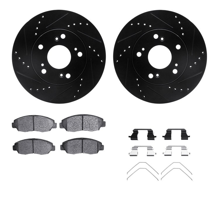8512-59051 Drilled/Slotted Brake Rotors w/5000 Advanced Brake Pads Kit & Hardware [Black], 2012-2015 Acura/Honda, Position: Fron