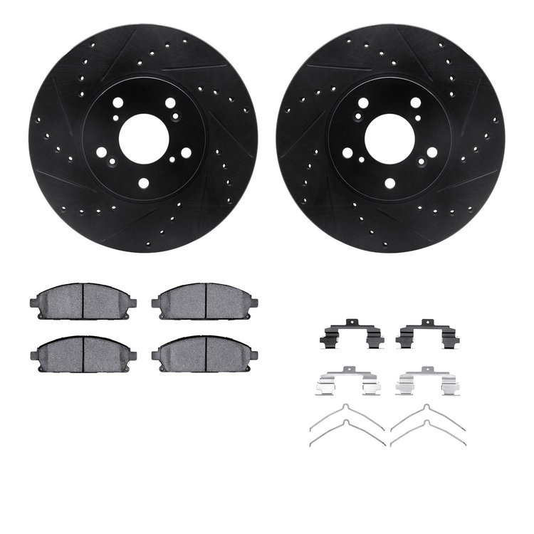 8512-59057 Drilled/Slotted Brake Rotors w/5000 Advanced Brake Pads Kit & Hardware [Black], 2003-2006 Acura/Honda, Position: Fron