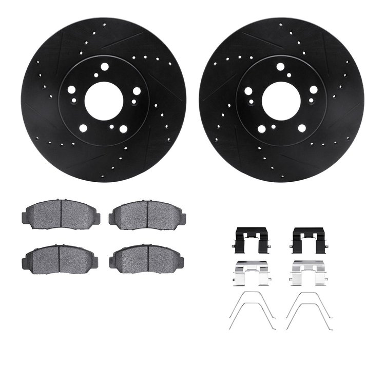 8512-59063 Drilled/Slotted Brake Rotors w/5000 Advanced Brake Pads Kit & Hardware [Black], 2003-2021 Acura/Honda, Position: Fron