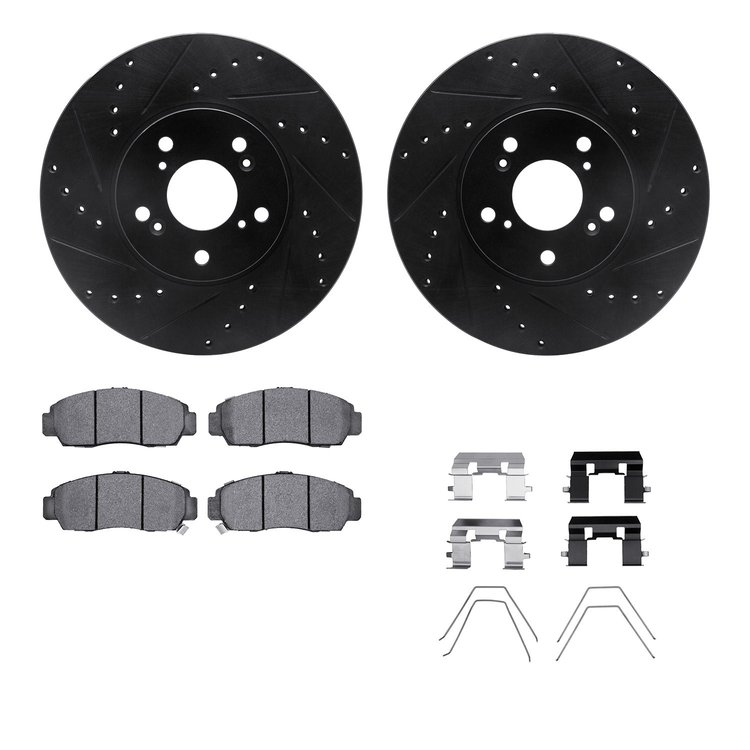 8512-59066 Drilled/Slotted Brake Rotors w/5000 Advanced Brake Pads Kit & Hardware [Black], 1999-2014 Acura/Honda, Position: Fron
