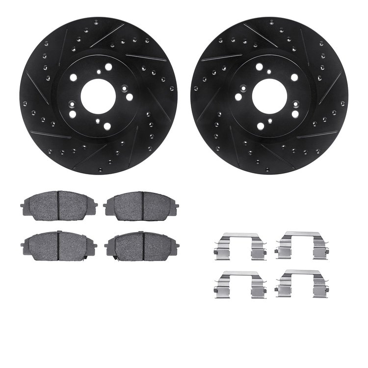 8512-59070 Drilled/Slotted Brake Rotors w/5000 Advanced Brake Pads Kit & Hardware [Black], 2006-2011 Acura/Honda, Position: Fron