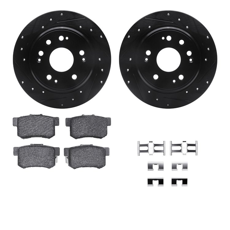 8512-59072 Drilled/Slotted Brake Rotors w/5000 Advanced Brake Pads Kit & Hardware [Black], 2002-2004 Acura/Honda, Position: Rear