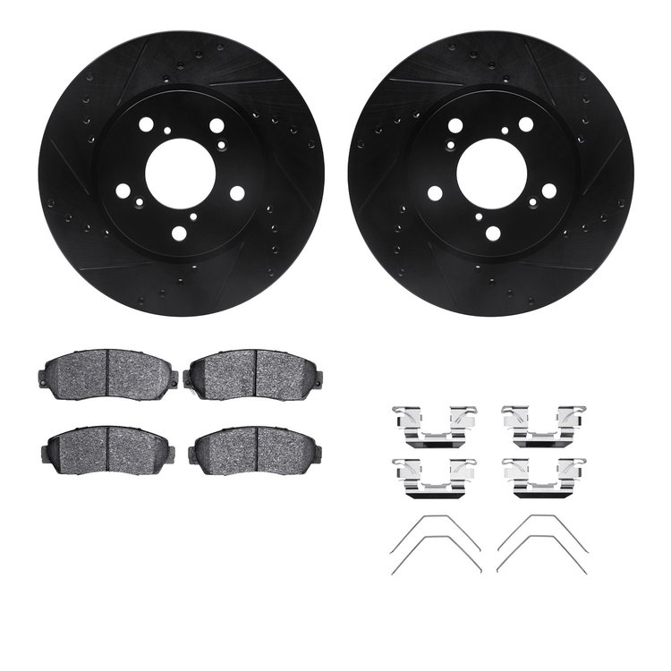 8512-59077 Drilled/Slotted Brake Rotors w/5000 Advanced Brake Pads Kit & Hardware [Black], 2005-2010 Acura/Honda, Position: Fron