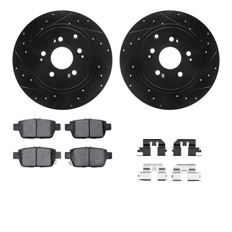 8512-59078 Drilled/Slotted Brake Rotors w/5000 Advanced Brake Pads Kit & Hardware [Black], 2006-2014 Acura/Honda, Position: Rear