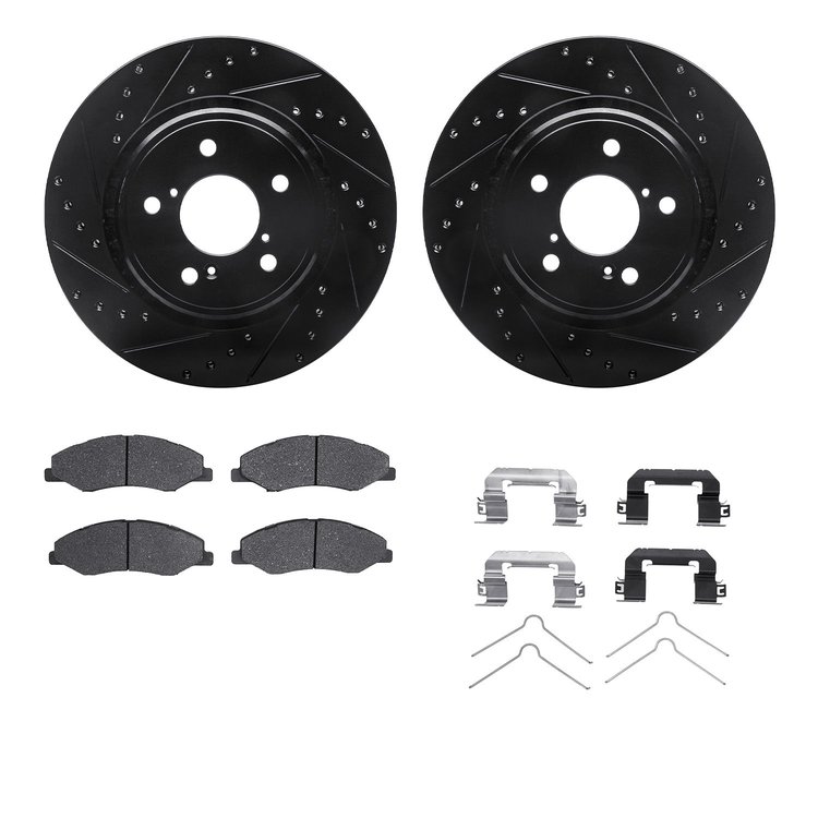 8512-59090 Drilled/Slotted Brake Rotors w/5000 Advanced Brake Pads Kit & Hardware [Black], Fits Select Acura/Honda, Position: Fr