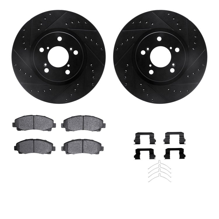 8512-59092 Drilled/Slotted Brake Rotors w/5000 Advanced Brake Pads Kit & Hardware [Black], 2006-2014 Acura/Honda, Position: Fron